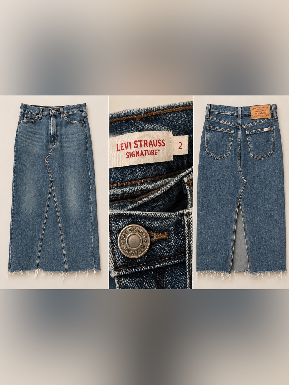 Levi Strauss Signature Denim Maxi Skirt Size 2 Raw Hem Front & Back Slit